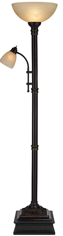 Garver Bronze Torchiere Floor Lamp with Reader Arm with Black Riser