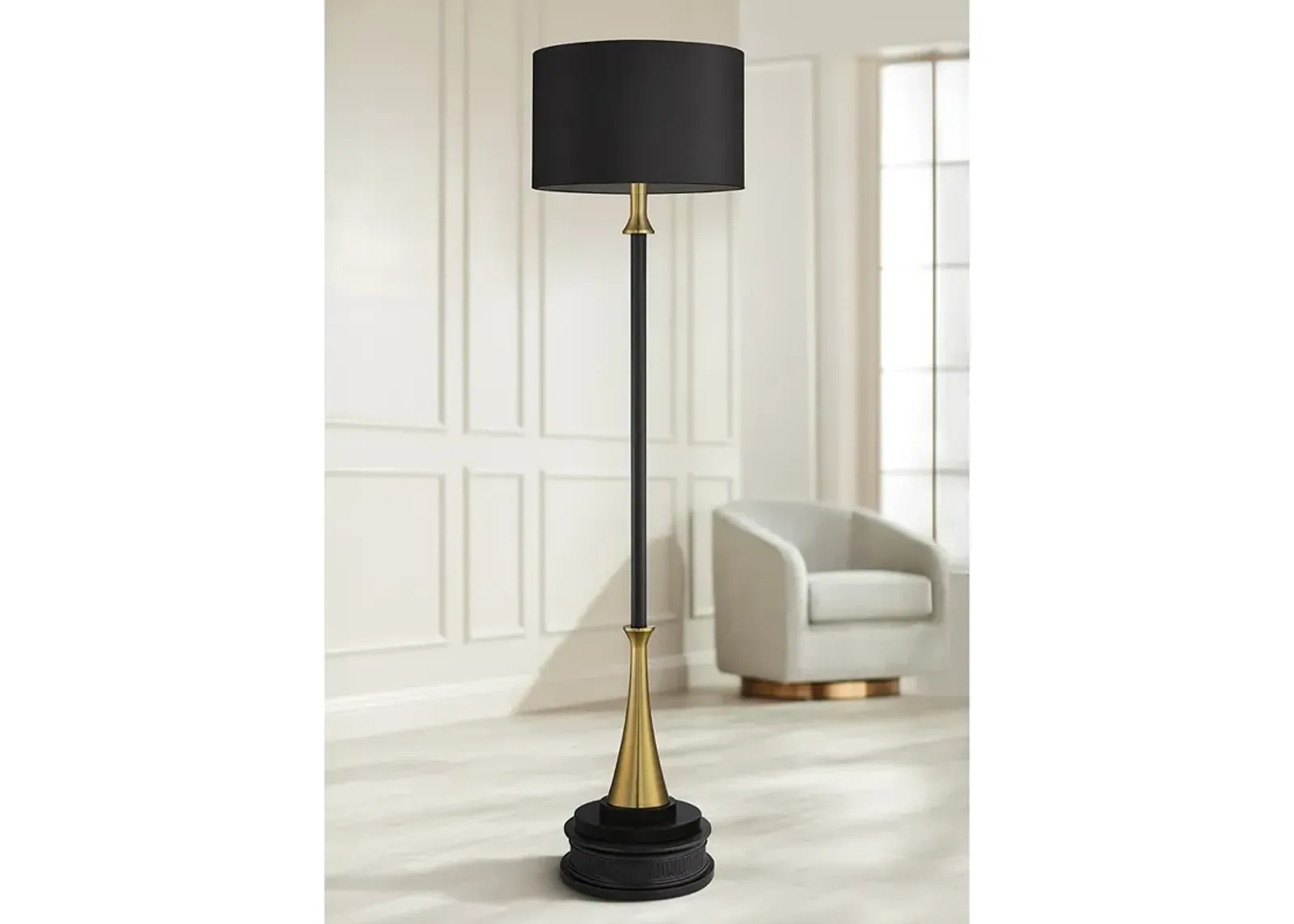 Possini Euro Burbank Black Shade Tall Floor Lamp with Dimmer and Riser