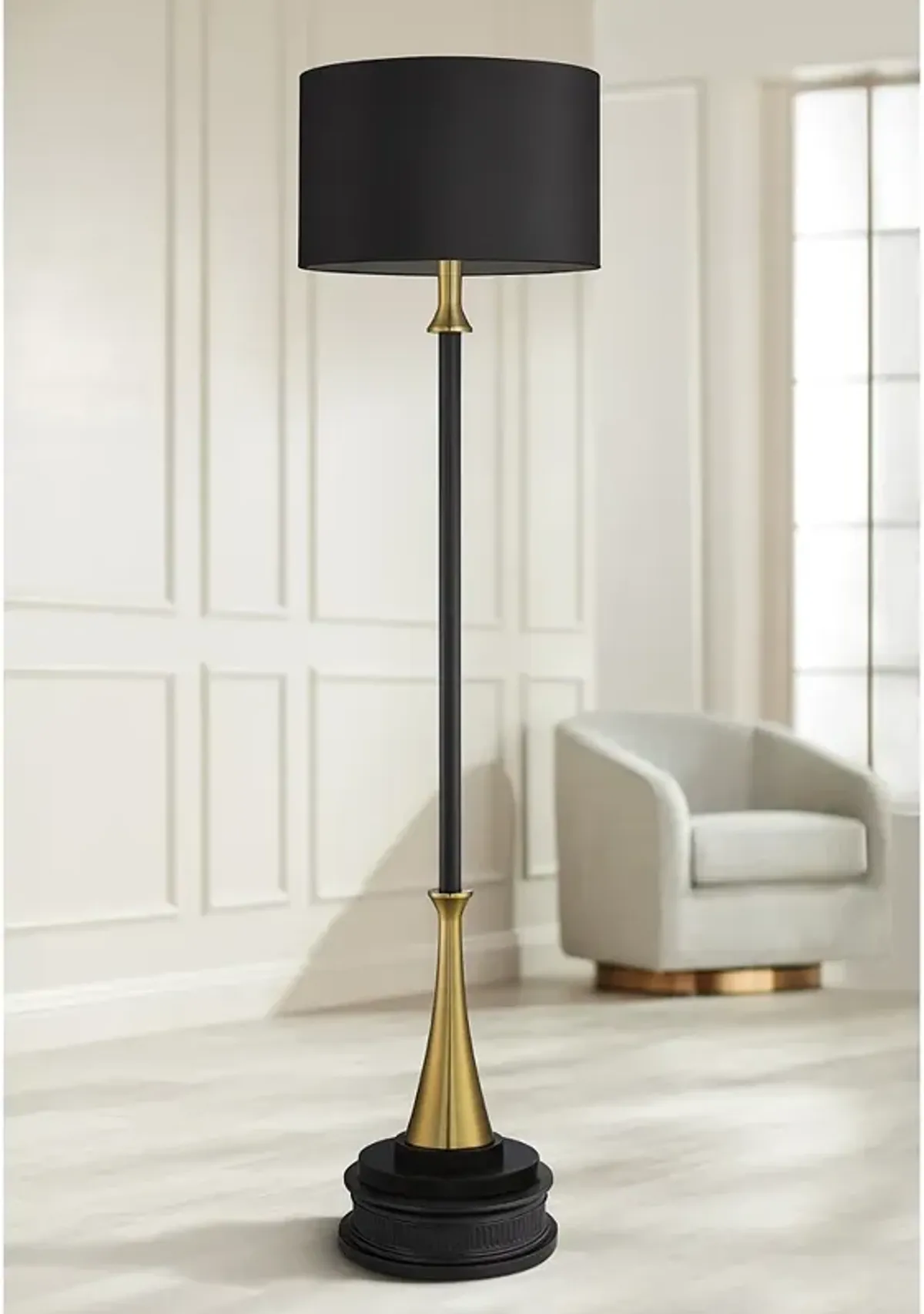 Possini Euro Burbank Black Shade Tall Floor Lamp with Dimmer and Riser