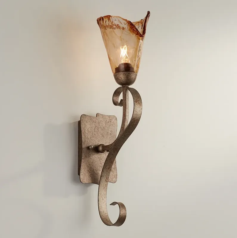 Franklin Iron Amber Scroll 23 1/2" High Glass and Bronze Wall Sconce