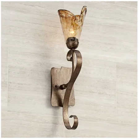 Franklin Iron Amber Scroll 23 1/2" High Glass and Bronze Wall Sconce