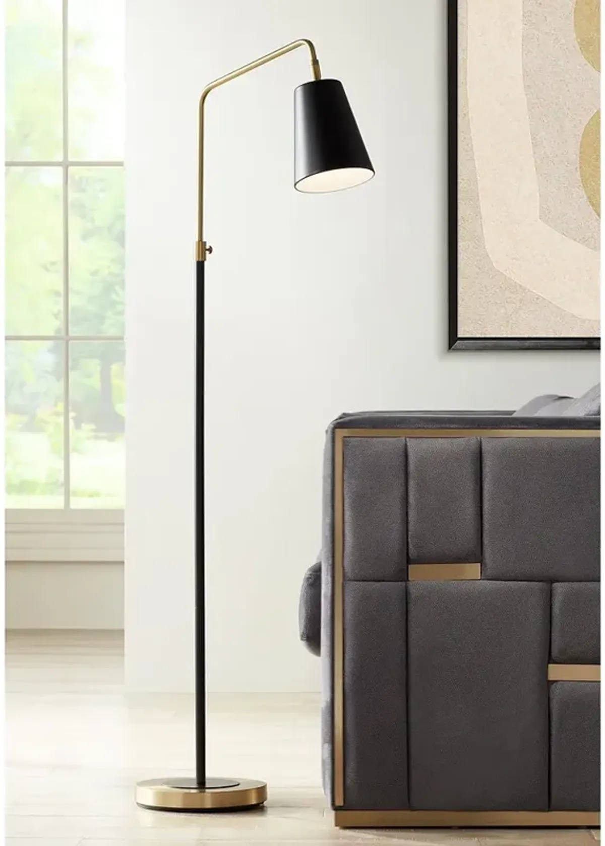 Possini Euro Zella 56 1/2" Black Brass Offset Arm Floor Lamp