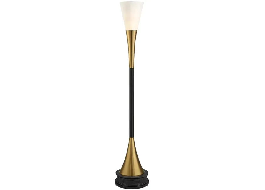 Possini Euro Piazza Brass and Black Torchiere Floor Lamp with Black Riser