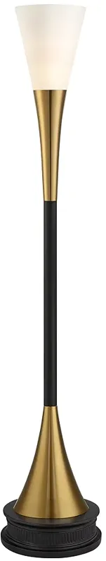 Possini Euro Piazza Brass and Black Torchiere Floor Lamp with Black Riser