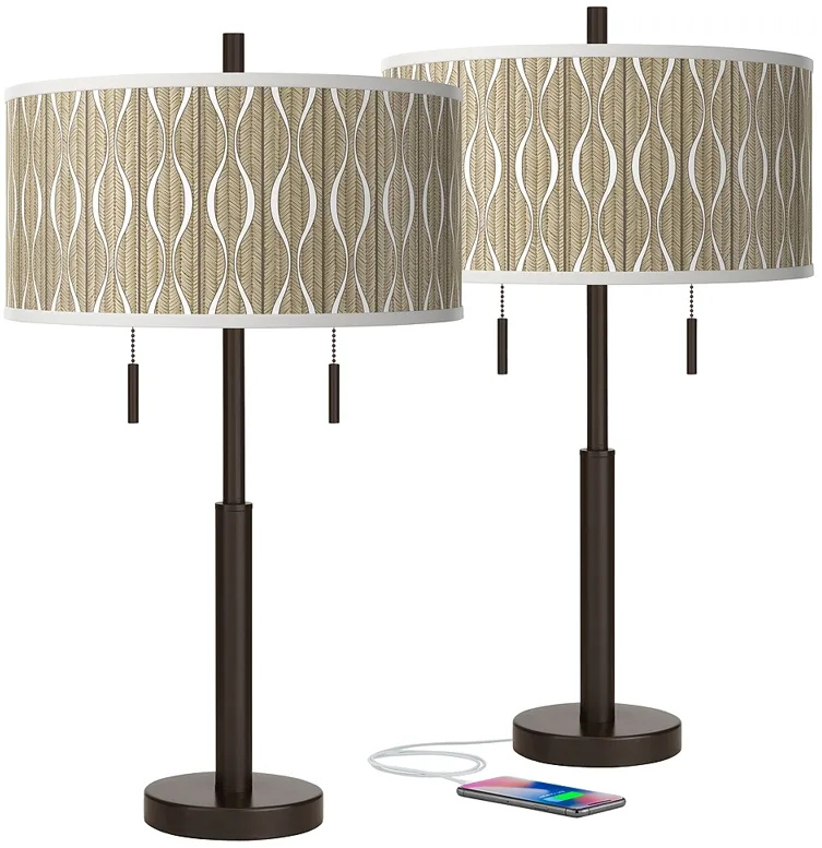 Giclee Glow Robbie 25 1/2" Swell Shade with Bronze USB Lamps Set of 2
