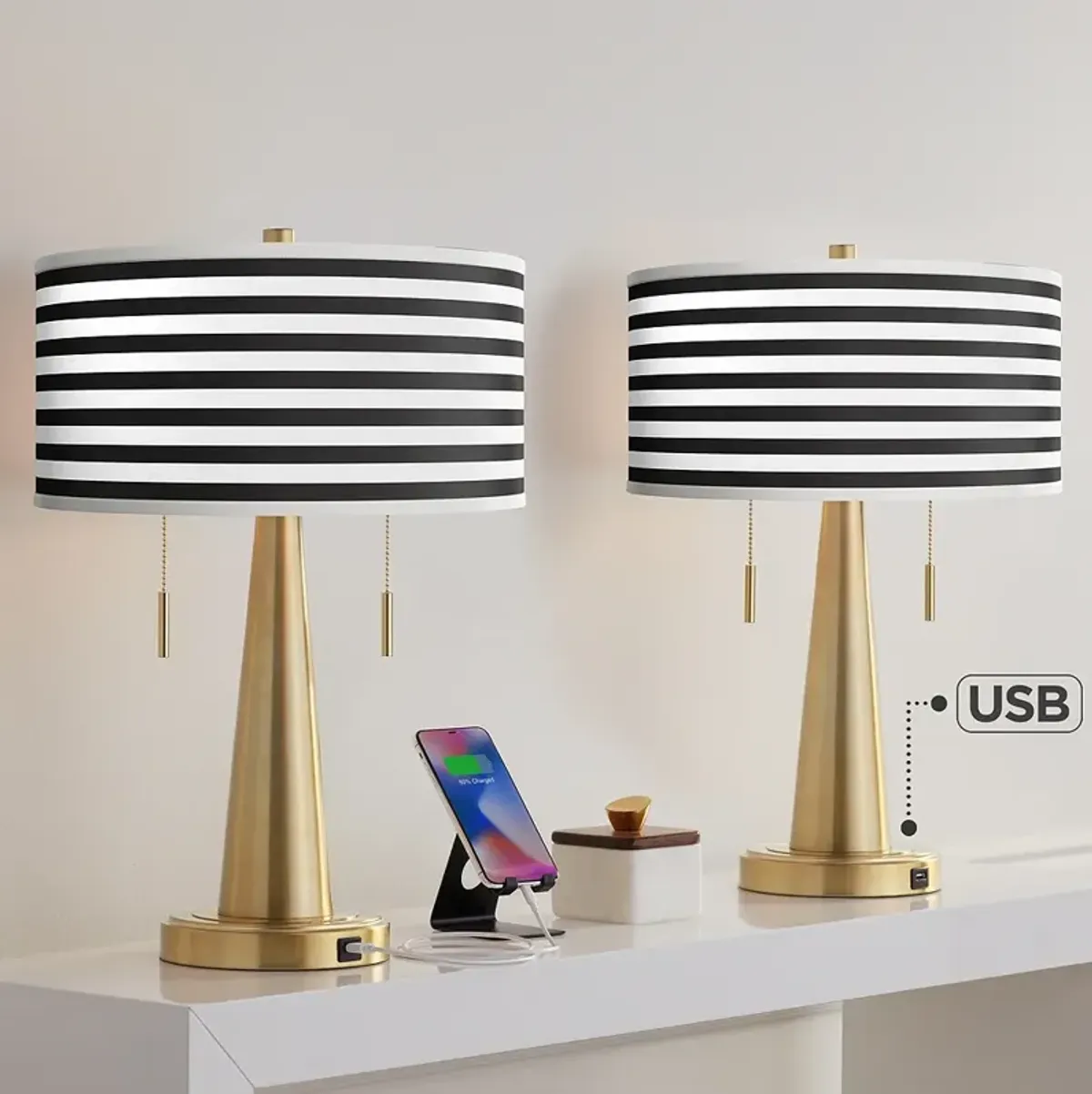 Black Horizontal Stripe Vicki Gold USB Table Lamps Set of 2