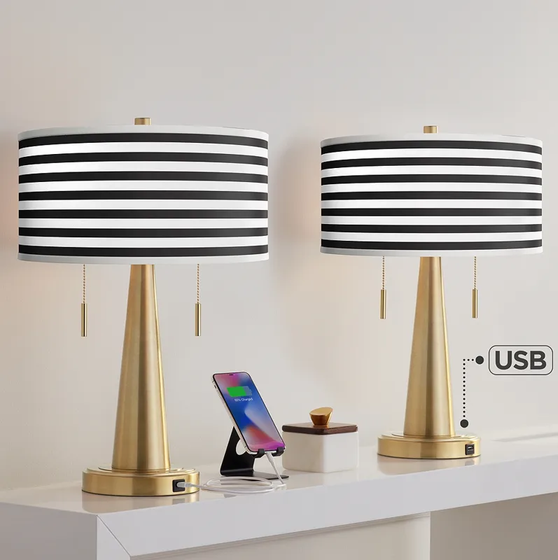 Black Horizontal Stripe Vicki Gold USB Table Lamps Set of 2