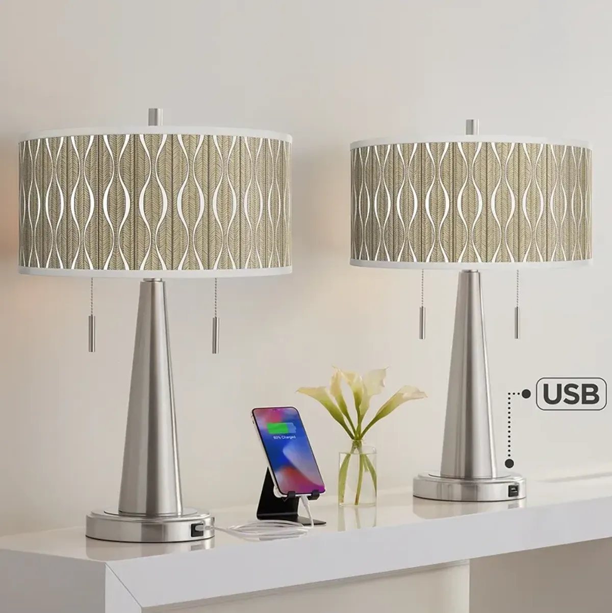 Giclee Glow Vicki 23" Swell Shade with Nickel USB Table Lamps Set of 2