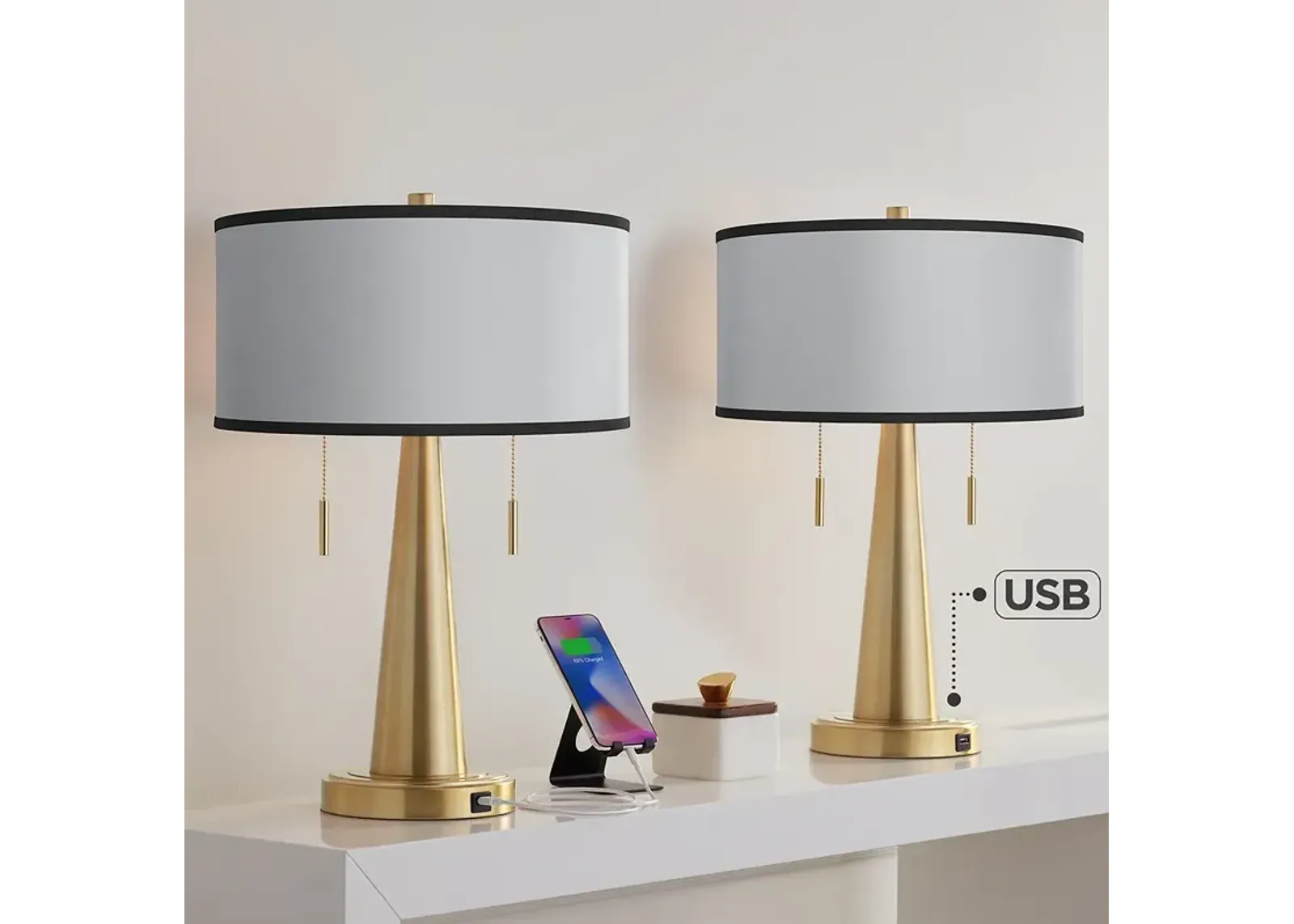 All Silver Vicki Gold USB Table Lamps Set of 2