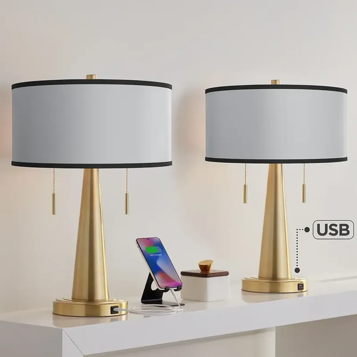 All Silver Vicki Gold USB Table Lamps Set of 2