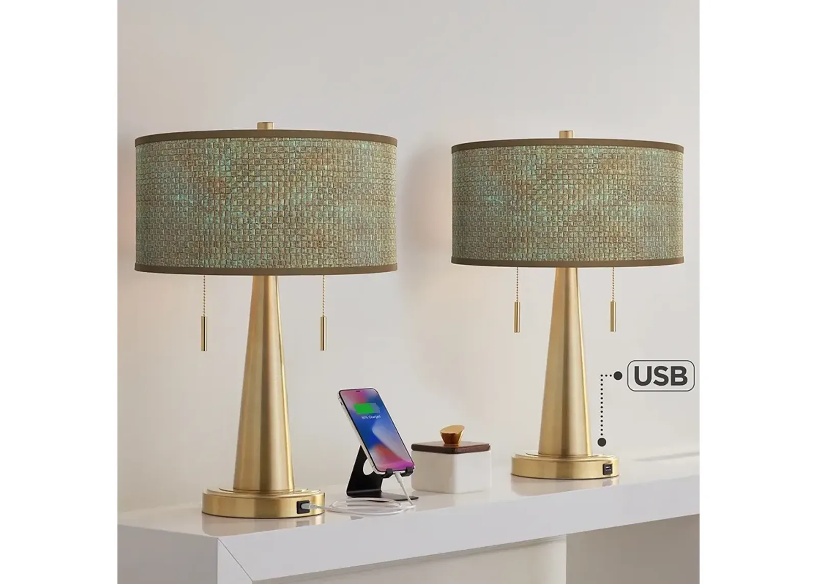 Interweave Patina Vicki Gold USB Table Lamps Set of 2