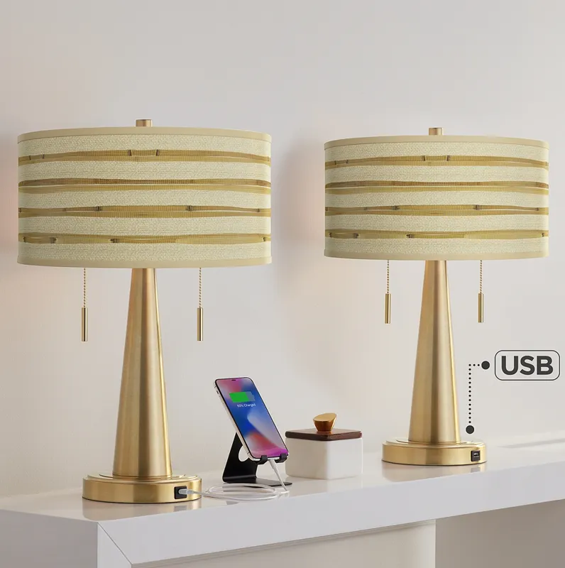 Bamboo Wrap Vicki Gold USB Table Lamps Set of 2