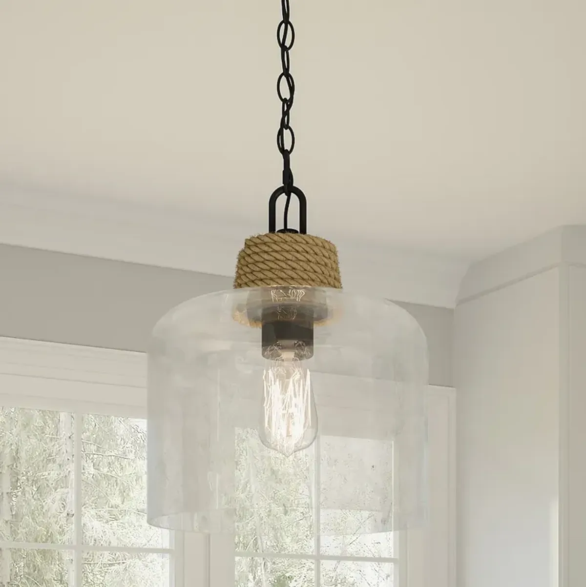 Quoizel Baltic 12" Wide Matte Black Clear Glass and Rope Mini Pendant