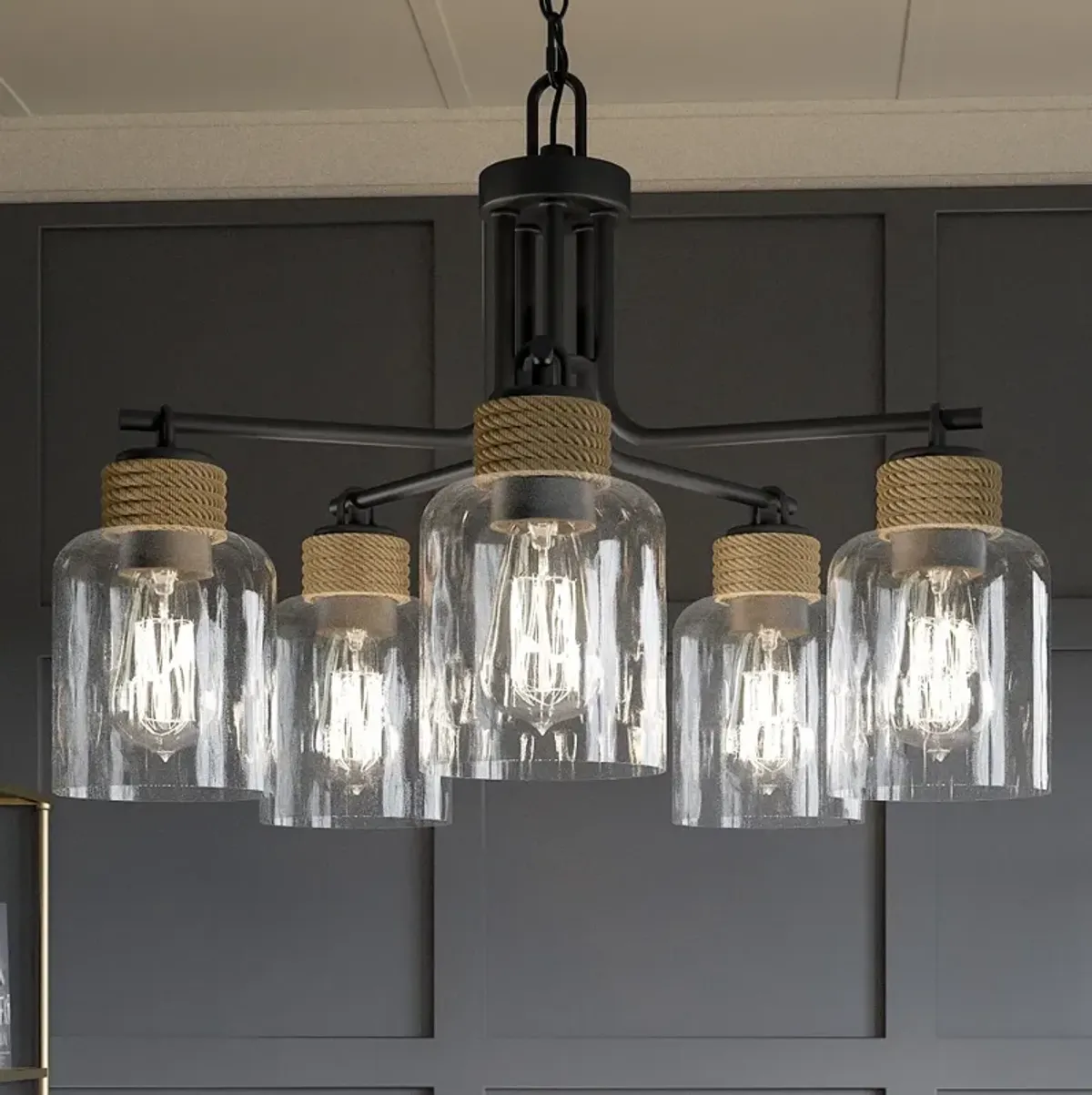 Quoizel Baltic 25 1/2" Matte Black Glass and Rope 5-Light Chandelier