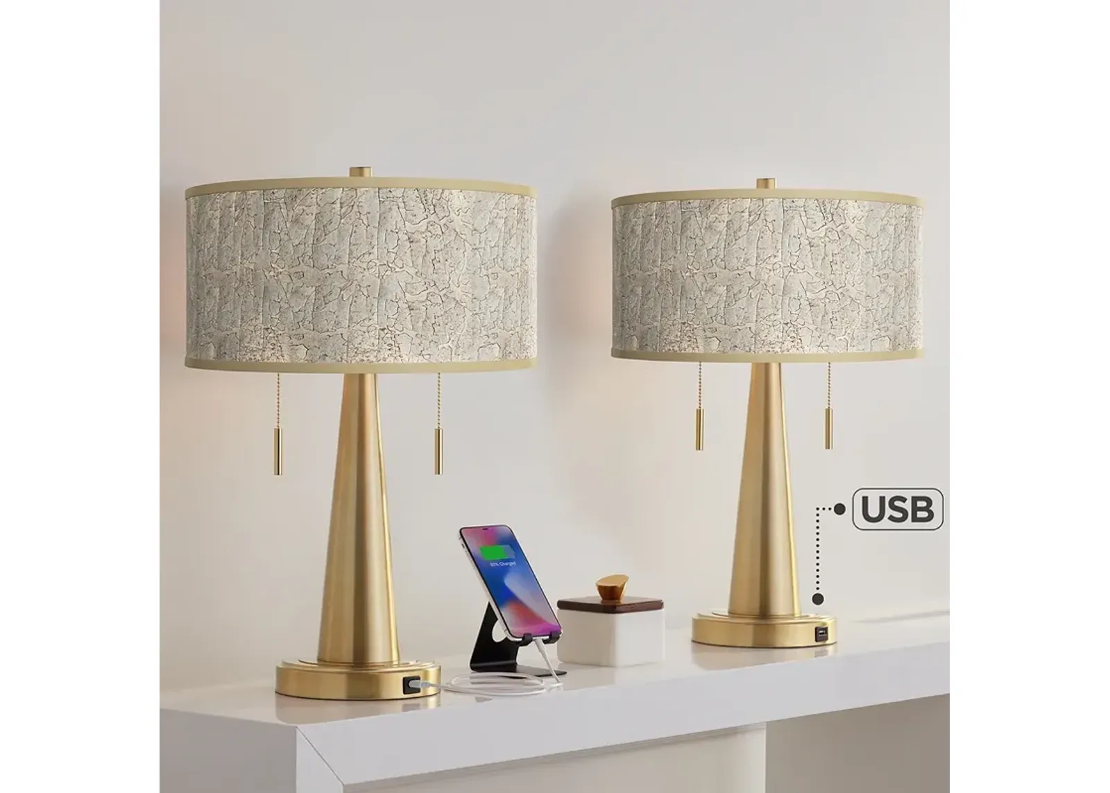 Giclee Glow Vicki 23" Al Fresco Shade Gold USB Table Lamps Set of 2