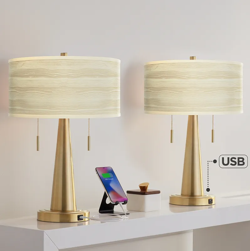 Birch Blonde Vicki Gold USB Table Lamps Set of 2