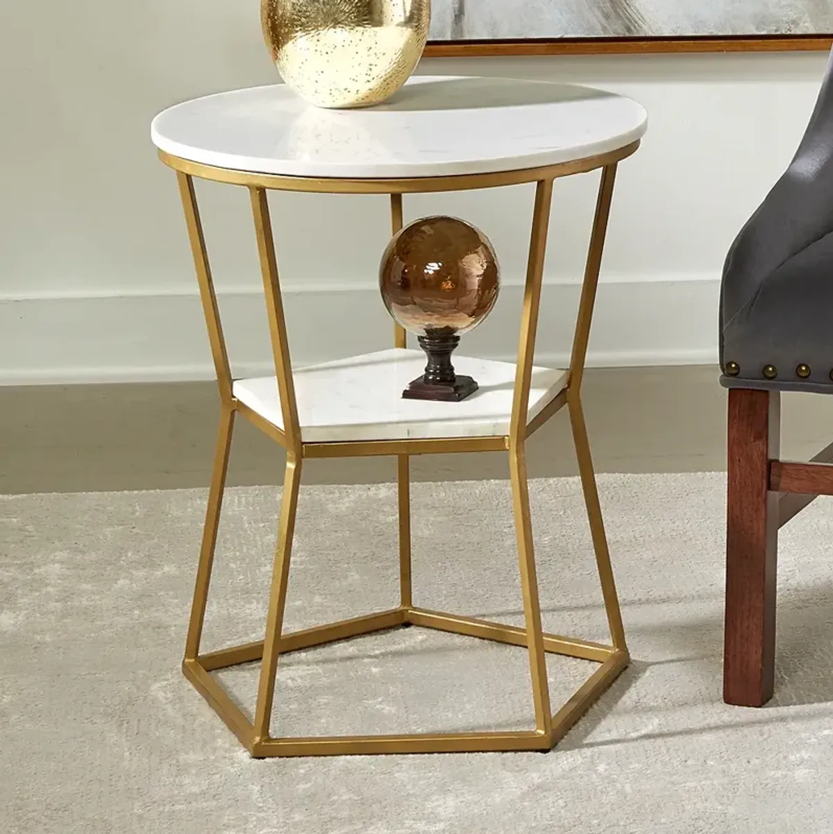 Marigold 20 1/4" Wide Gold and White Marble Accent Table