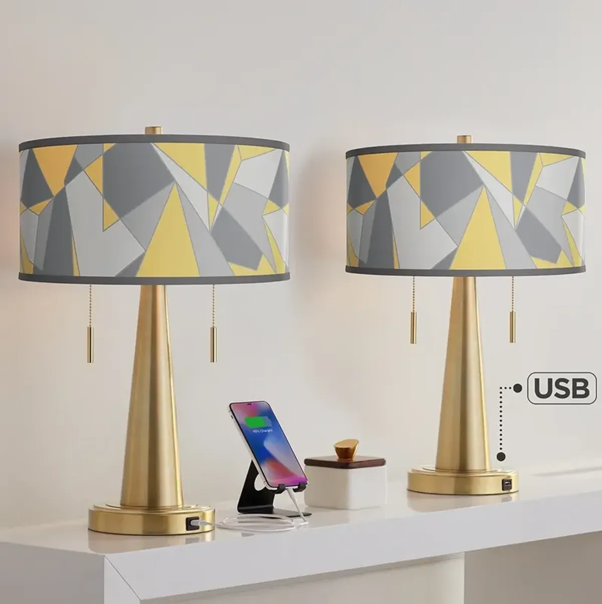 Modern Mosaic II Vicki Gold USB Table Lamps Set of 2