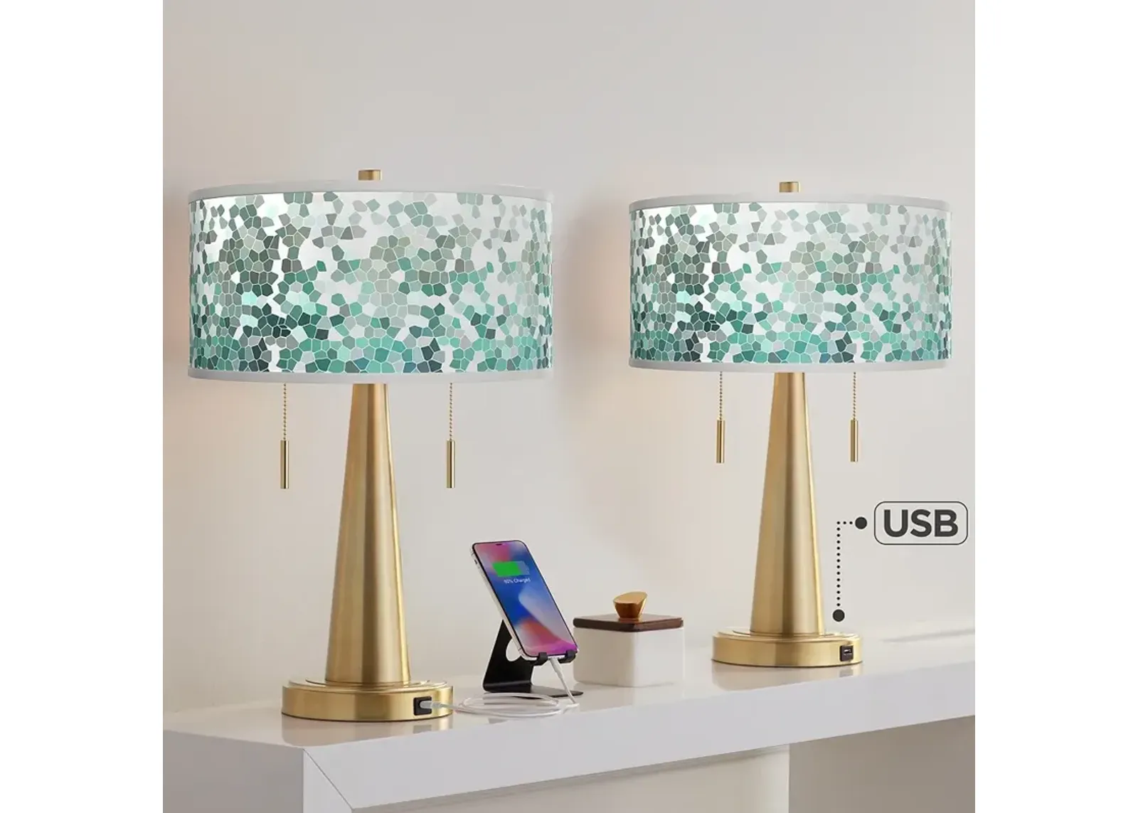 Aqua Mosaic Vicki Gold USB Table Lamps Set of 2