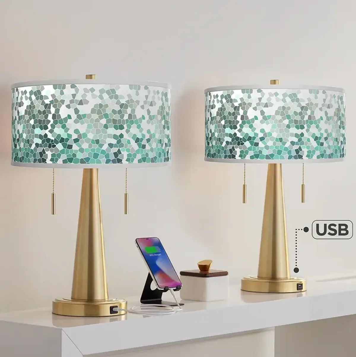 Aqua Mosaic Vicki Gold USB Table Lamps Set of 2