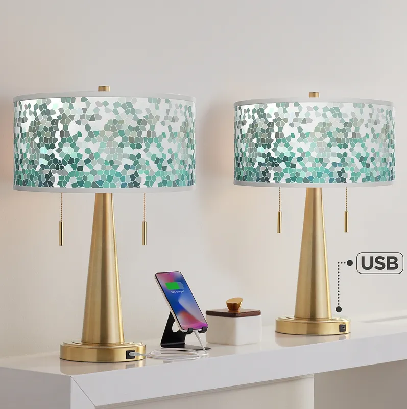 Aqua Mosaic Vicki Gold USB Table Lamps Set of 2