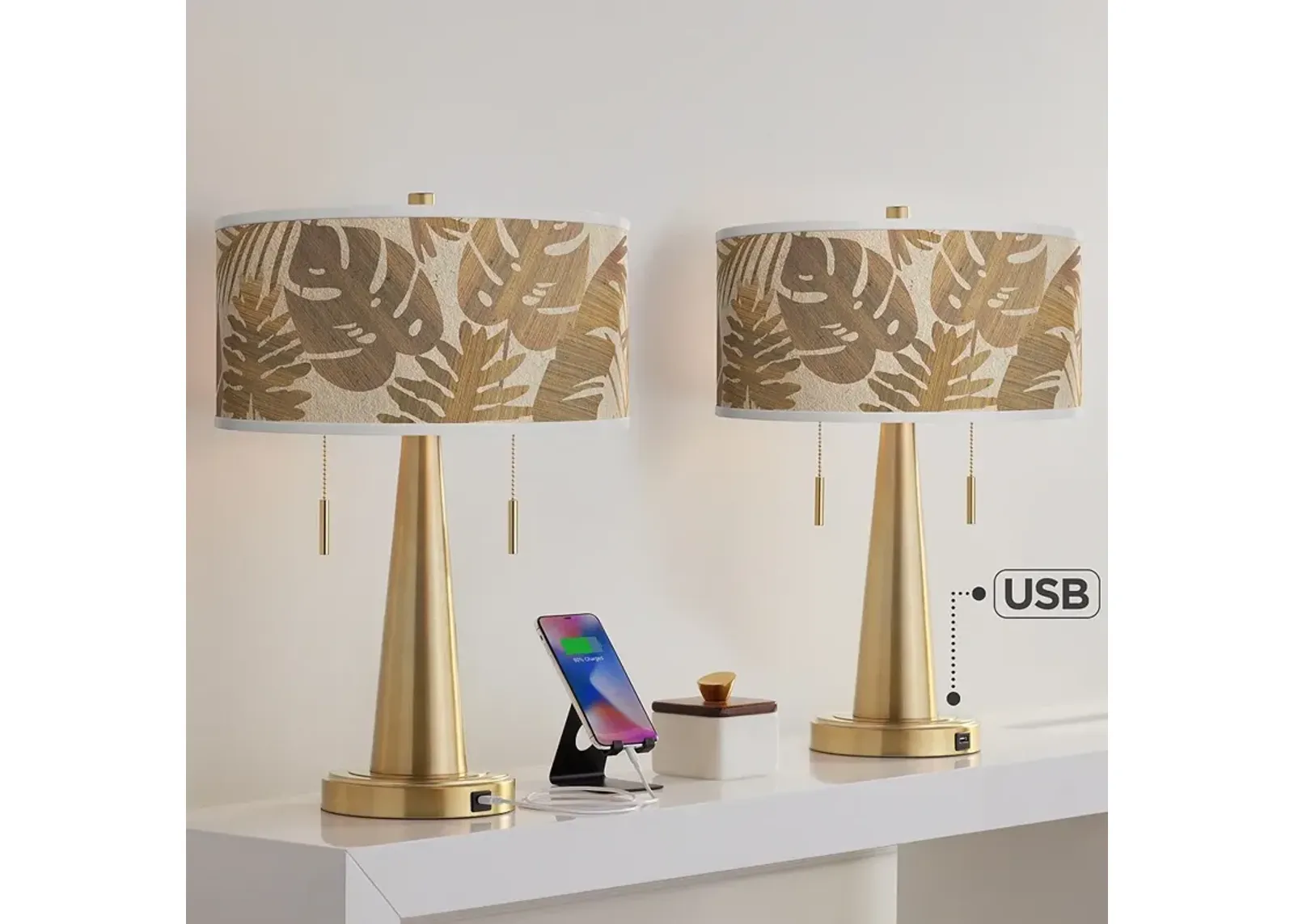 Tropical Woodwork Vicki Gold USB Table Lamps Set of 2