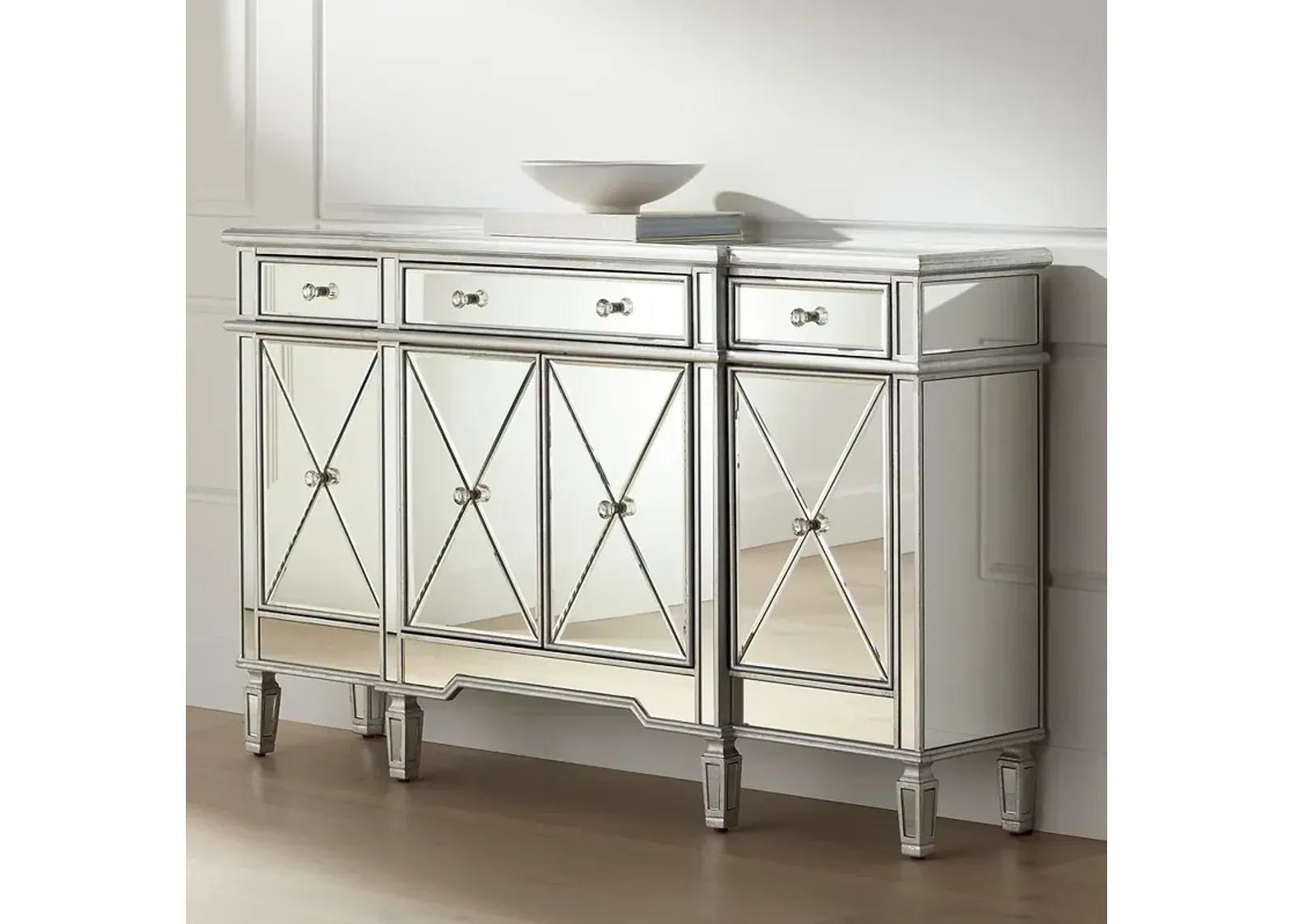 Cablanca 60" Wide 4-Door 3-Drawer Silver Mirrored Cabinet