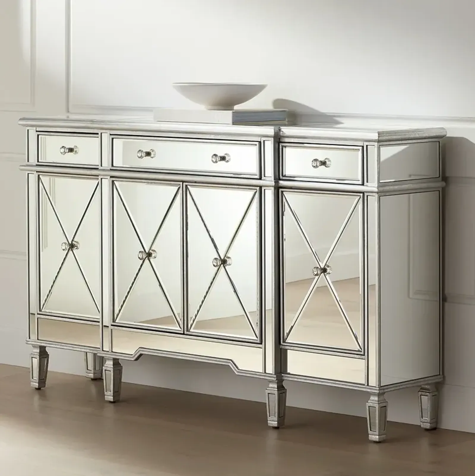 Cablanca 60" Wide 4-Door 3-Drawer Silver Mirrored Cabinet