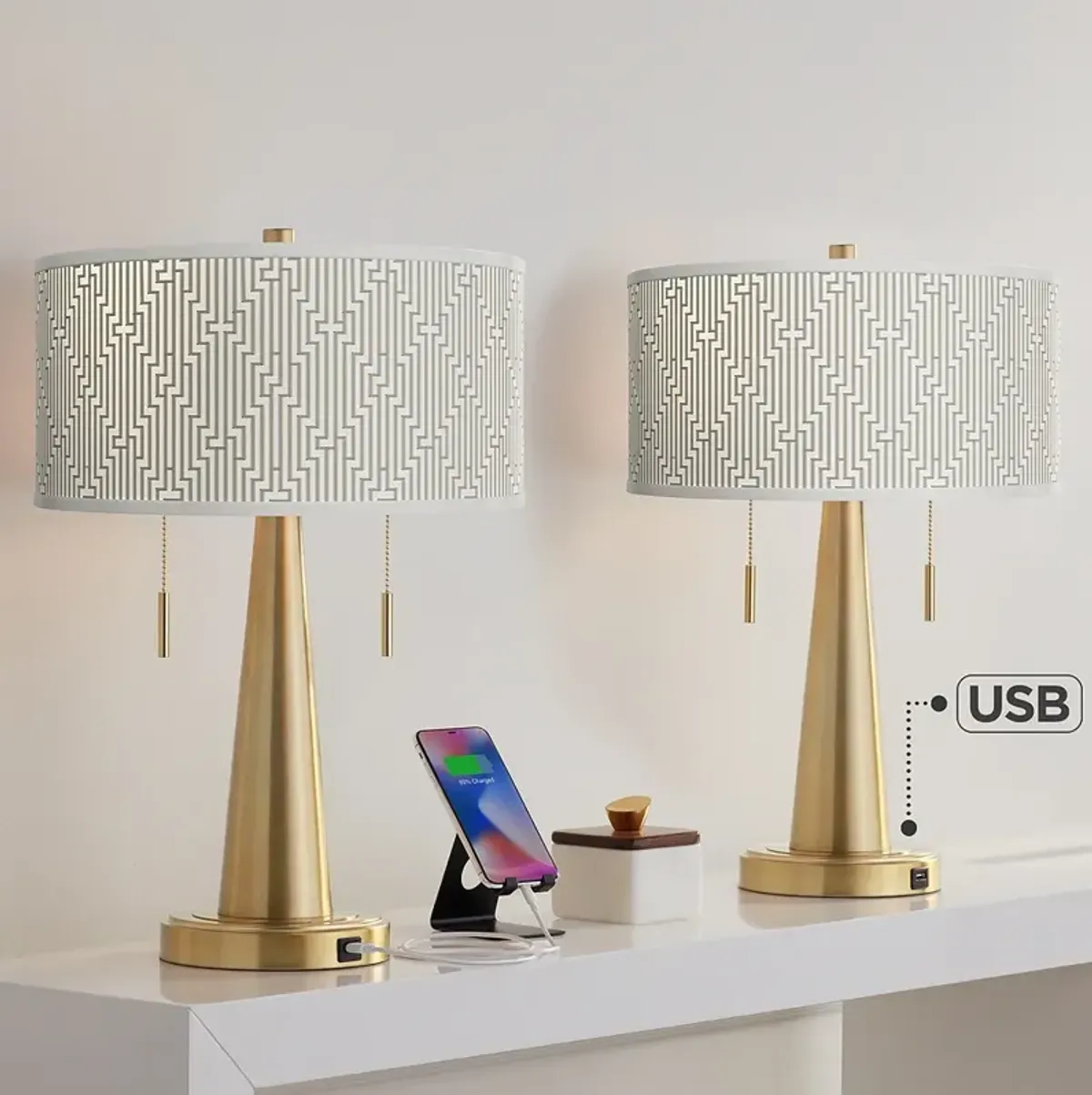 Diamond Maze Vicki Gold USB Table Lamps Set of 2