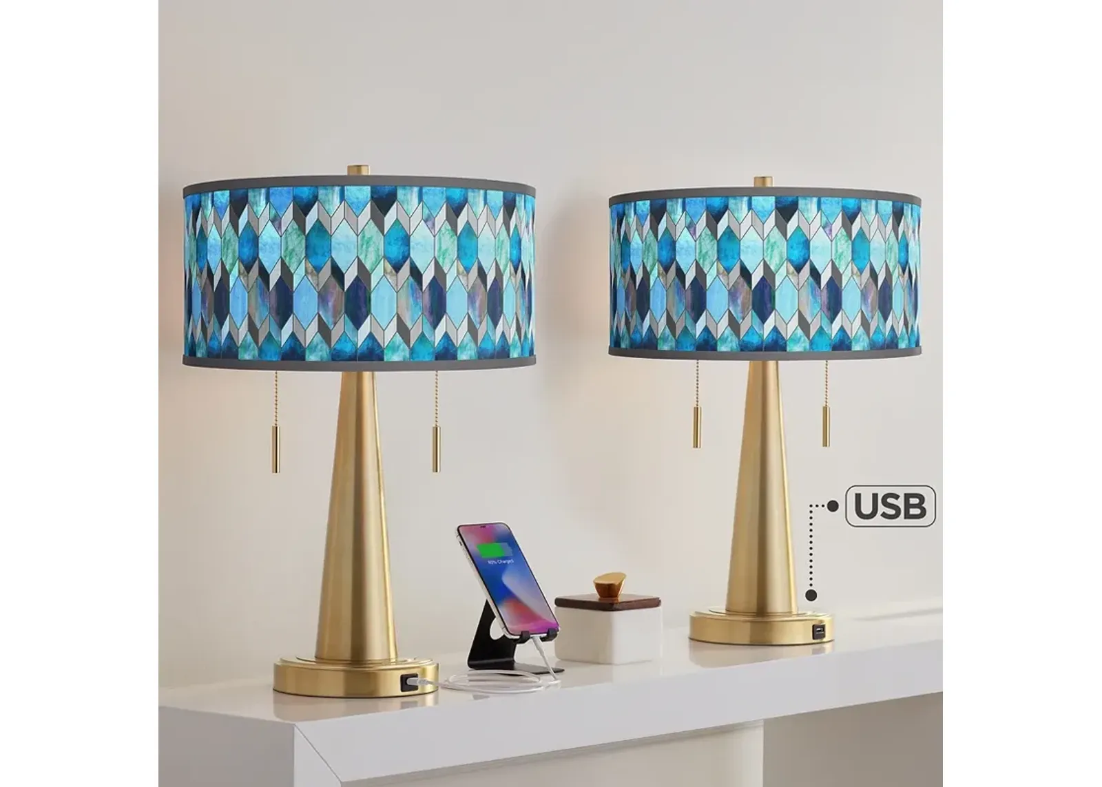 Blue Tiffany Vicki Gold USB Table Lamps Set of 2