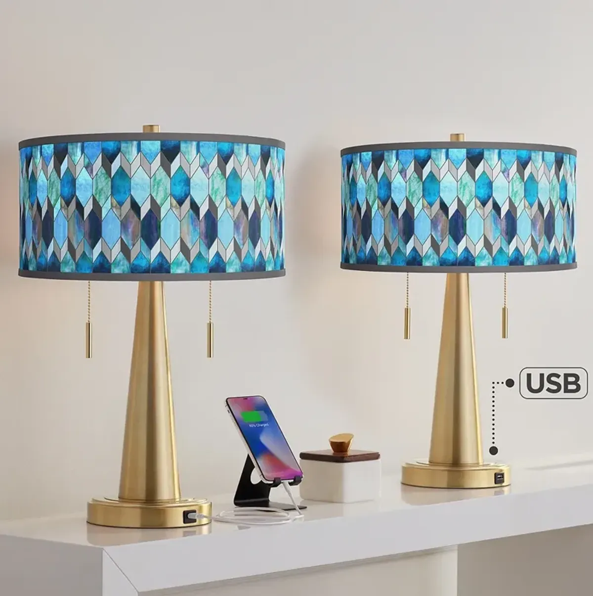 Blue Tiffany Vicki Gold USB Table Lamps Set of 2