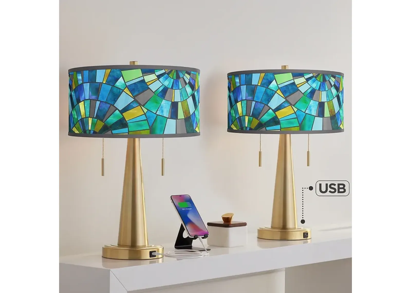 Lagos Mosaic Vicki Gold USB Table Lamps Set of 2