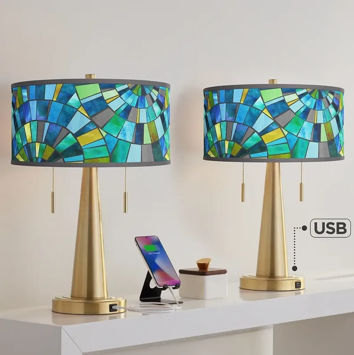 Lagos Mosaic Vicki Gold USB Table Lamps Set of 2