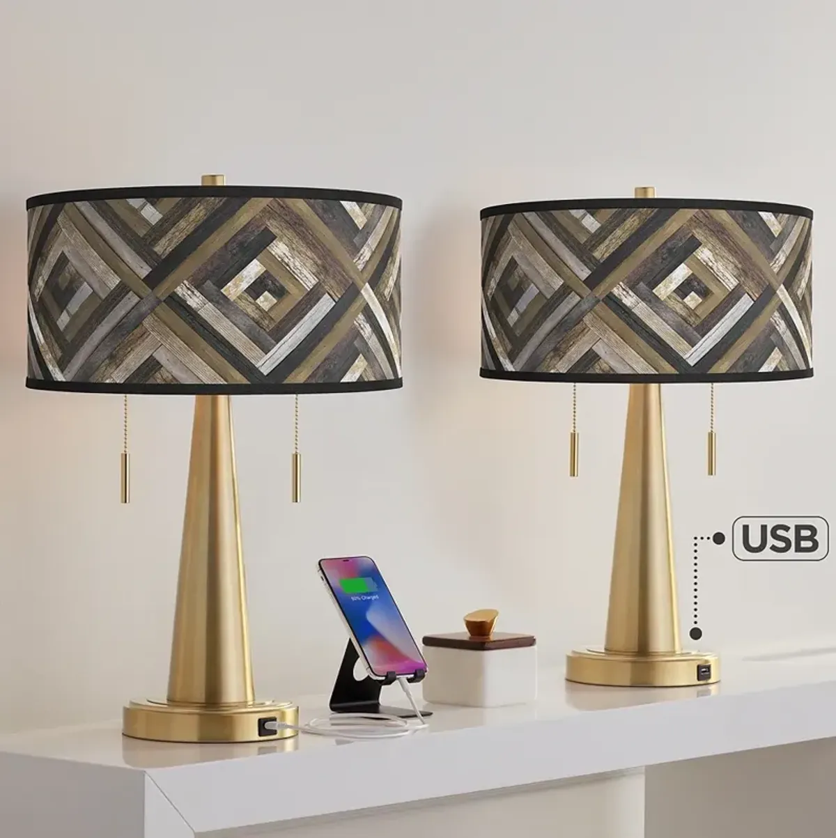 Woodwork Diamonds Vicki Gold USB Table Lamps Set of 2