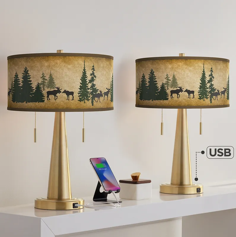 Moose Lodge Vicki Gold USB Table Lamps Set of 2