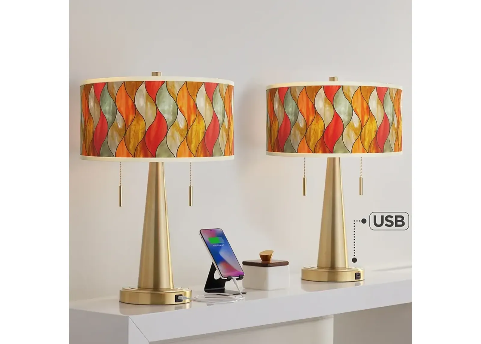 Flame Mosaic Vicki Gold USB Table Lamps Set of 2