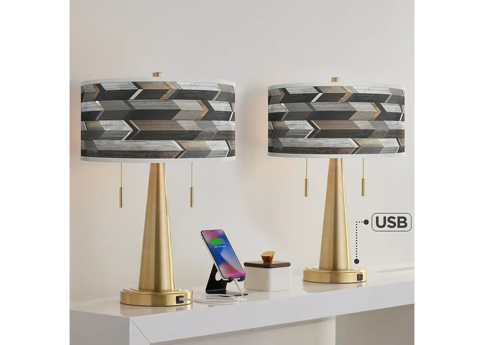 Woodwork Arrows Vicki Gold USB Table Lamps Set of 2