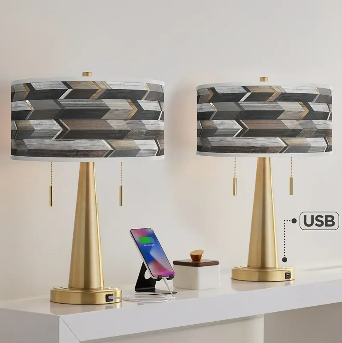 Woodwork Arrows Vicki Gold USB Table Lamps Set of 2