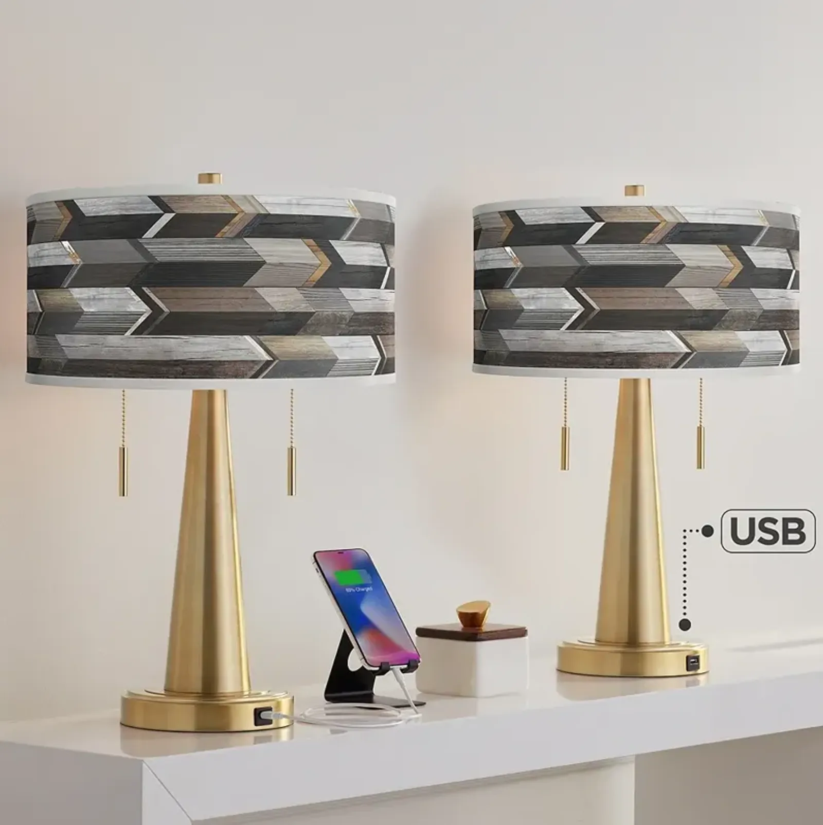 Woodwork Arrows Vicki Gold USB Table Lamps Set of 2