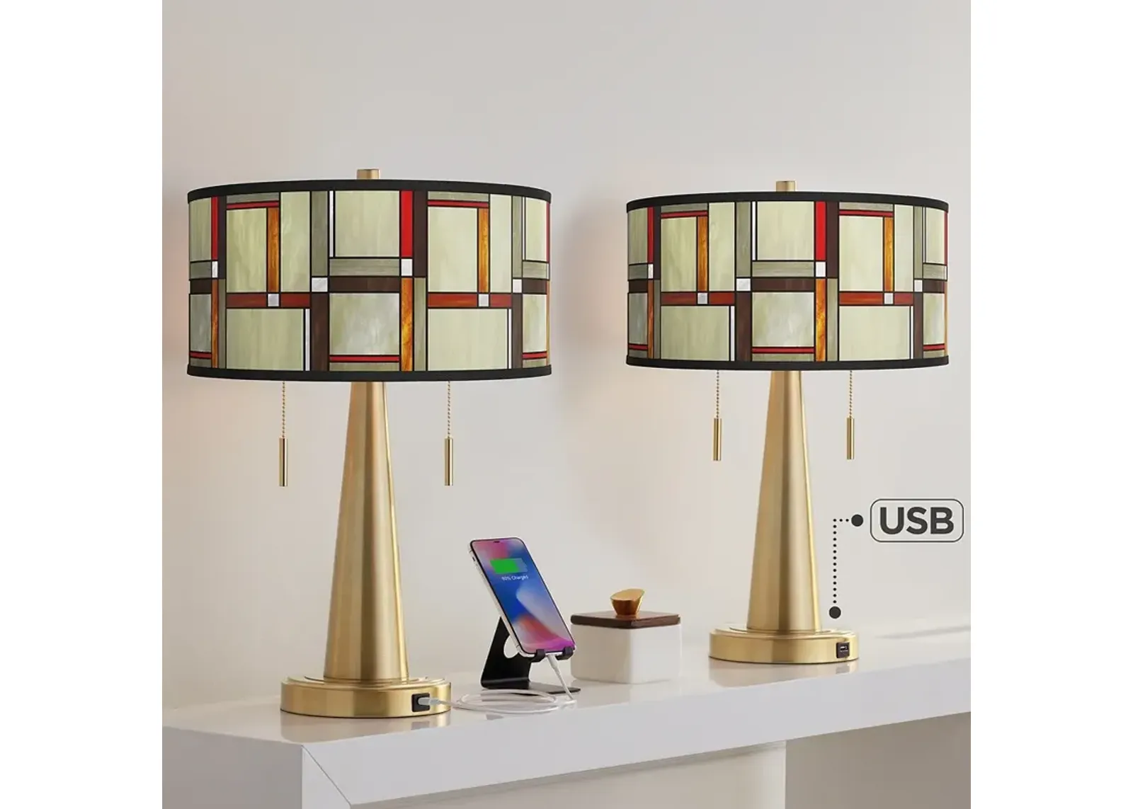 Modern Squares Vicki Gold USB Table Lamps Set of 2