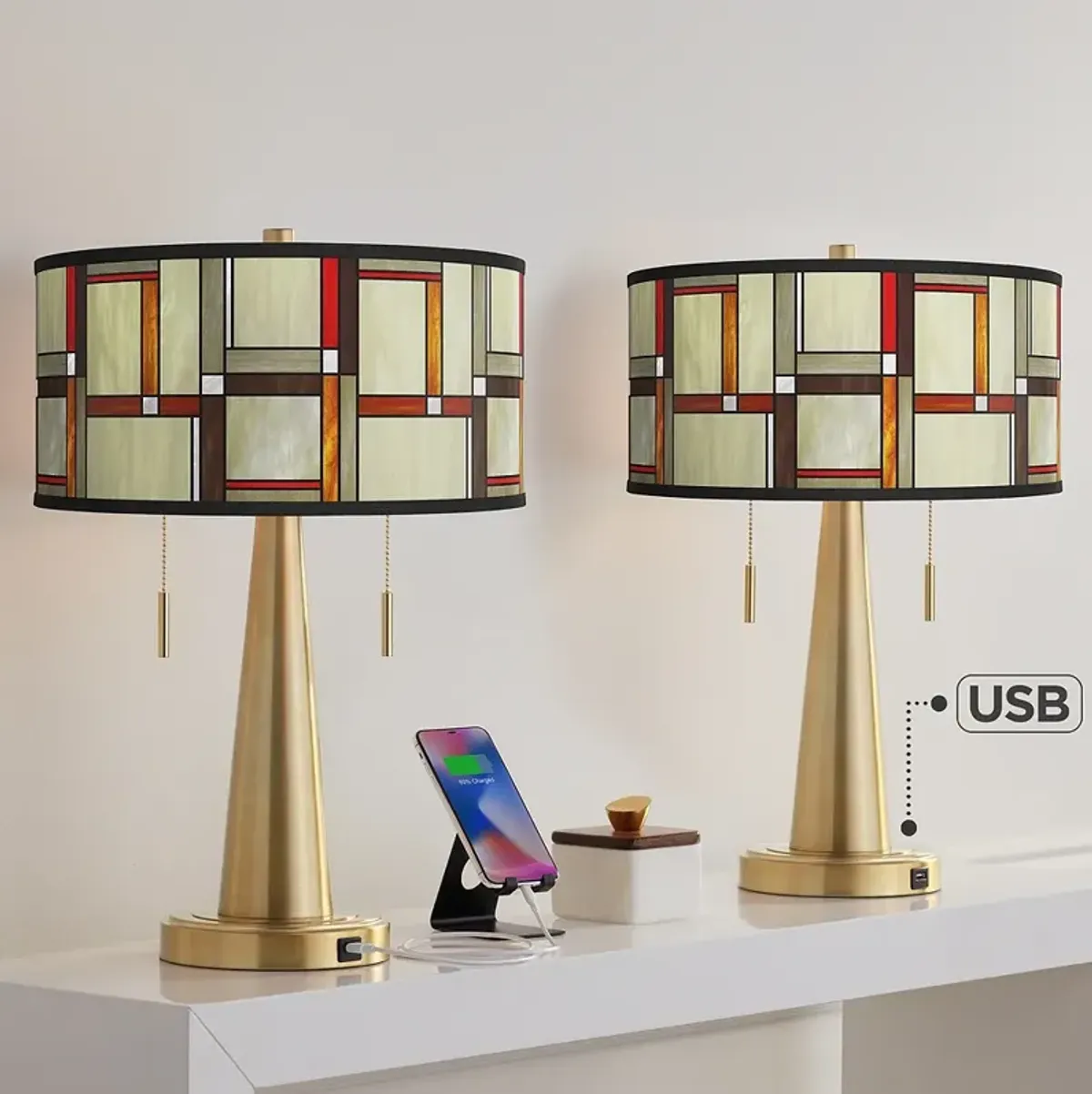 Modern Squares Vicki Gold USB Table Lamps Set of 2