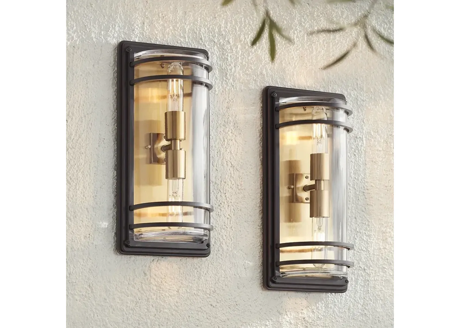 Habitat 16" High Bronze and Brass 2-Light Outdoor Wall Light Set of 2