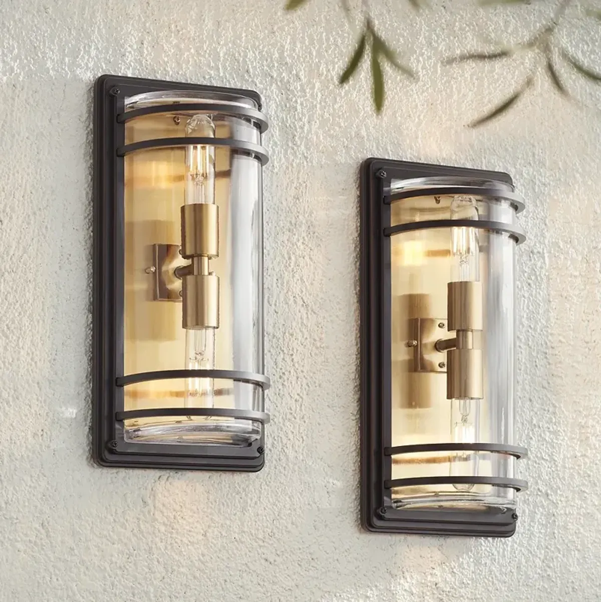 Habitat 16" High Bronze and Brass 2-Light Outdoor Wall Light Set of 2