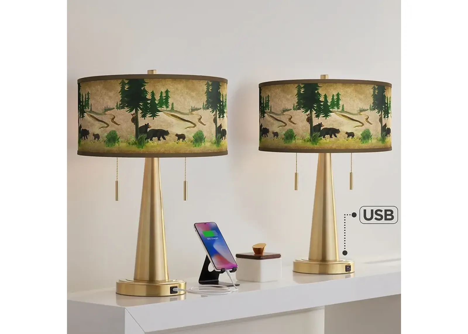 Bear Lodge Vicki Gold USB Table Lamps Set of 2