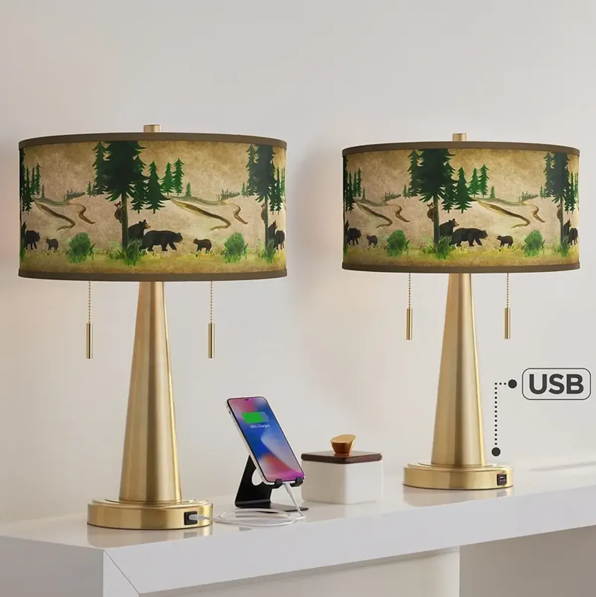 Bear Lodge Vicki Gold USB Table Lamps Set of 2