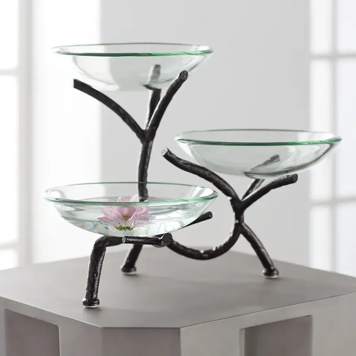 Metal Branching 12" High 3-Tier Stand with Glass Bowls