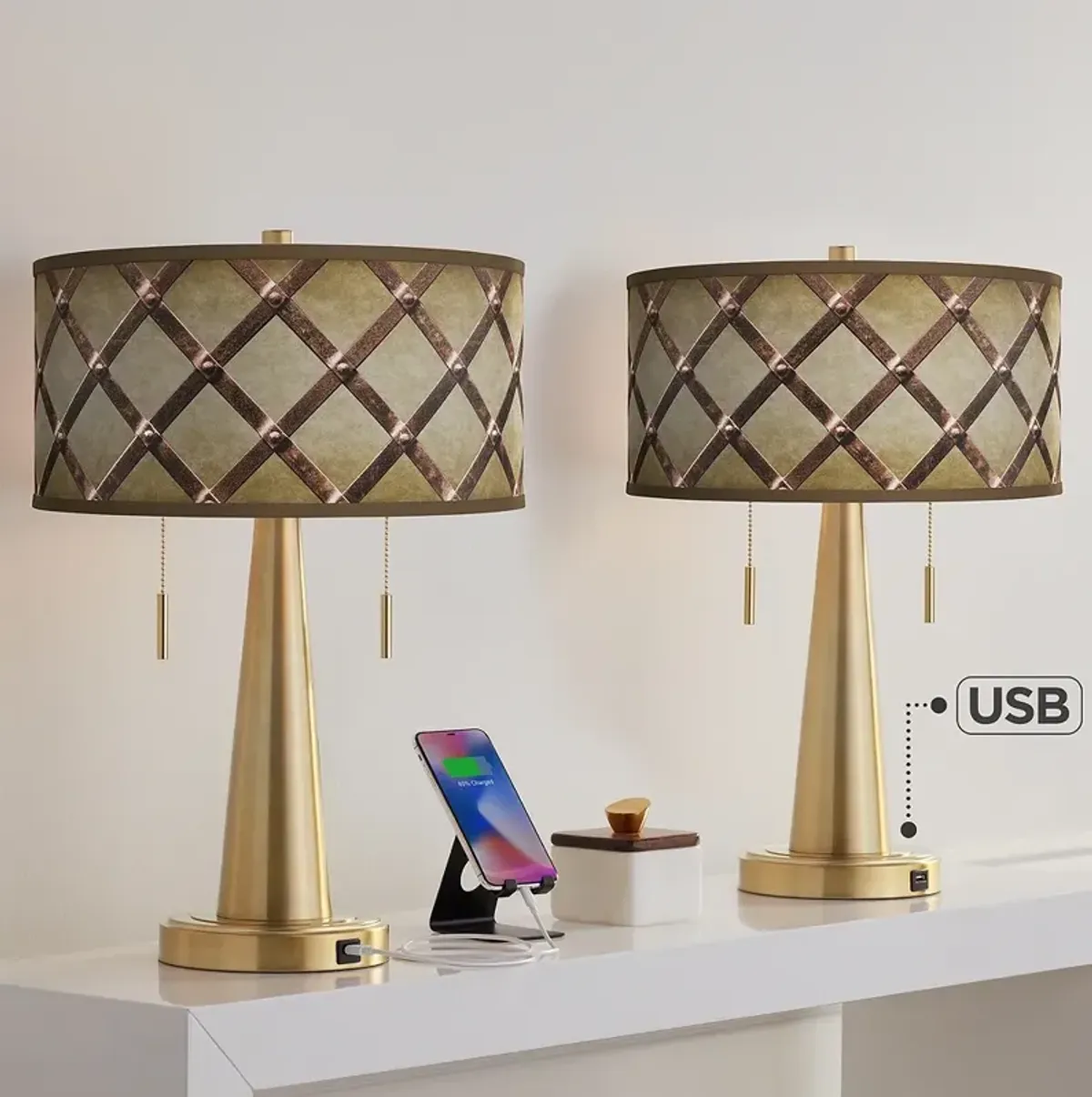 Metal Weave Vicki Gold USB Table Lamps Set of 2