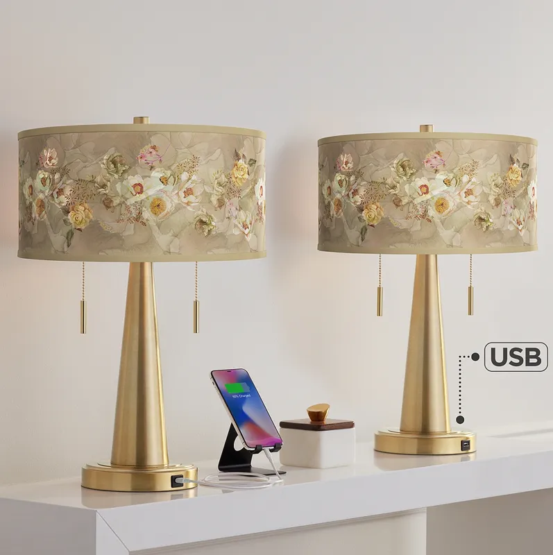 Floral Spray Vicki Gold USB Table Lamps Set of 2