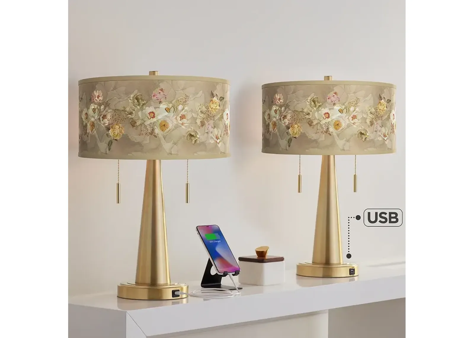 Floral Spray Vicki Gold USB Table Lamps Set of 2