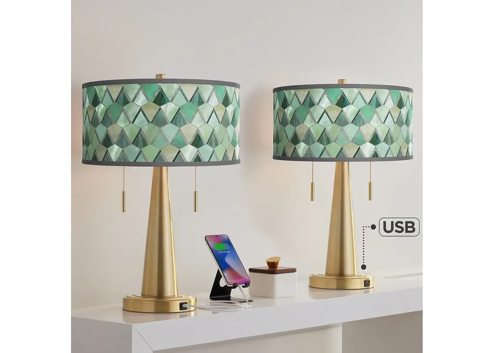 Misty Morning Vicki Gold USB Table Lamps Set of 2